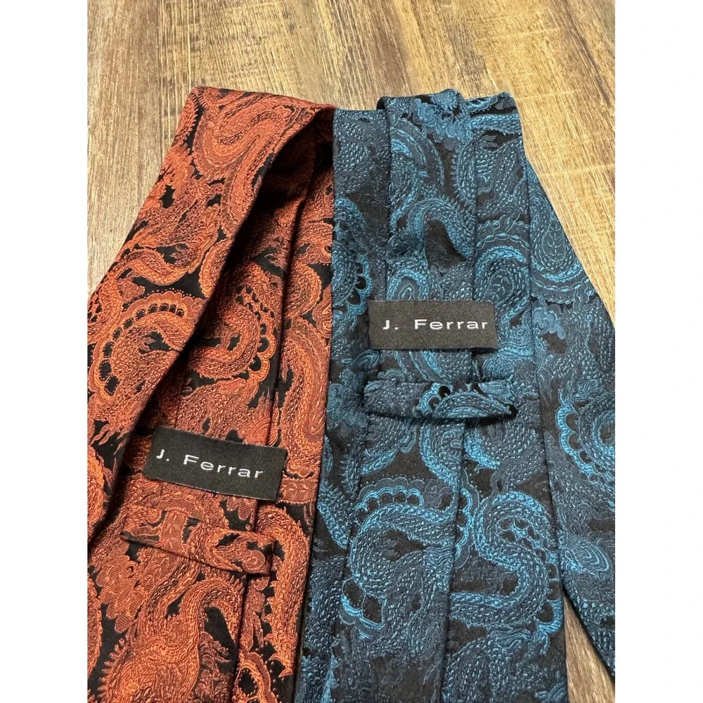 J. Ferrar Dragon Jacquard Necktie‎ Set Teal & Orange Woven Silk-Look Ties 2pc